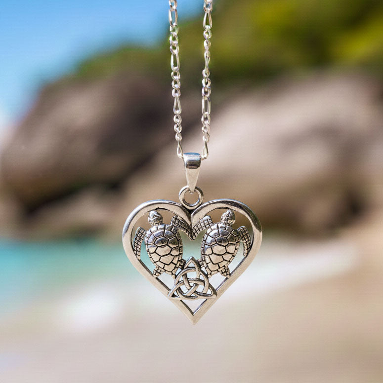 Sterling Silver Sea Turtles with Celtic Triquetra in Heart Pendant