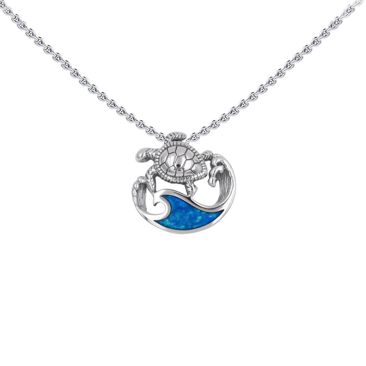 Sea Turtle And Wave Sterling Silver Pendant with Synthetic Paua Shell TPD6450