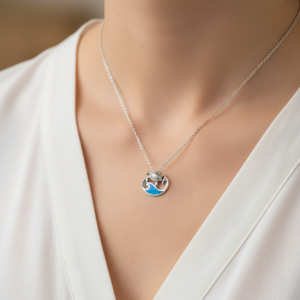 Sea Turtle And Wave Sterling Silver Pendant with Synthetic Paua Shell TPD6450