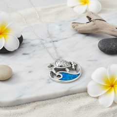 Sea Turtle And Wave Sterling Silver Pendant with Synthetic Paua Shell TPD6450