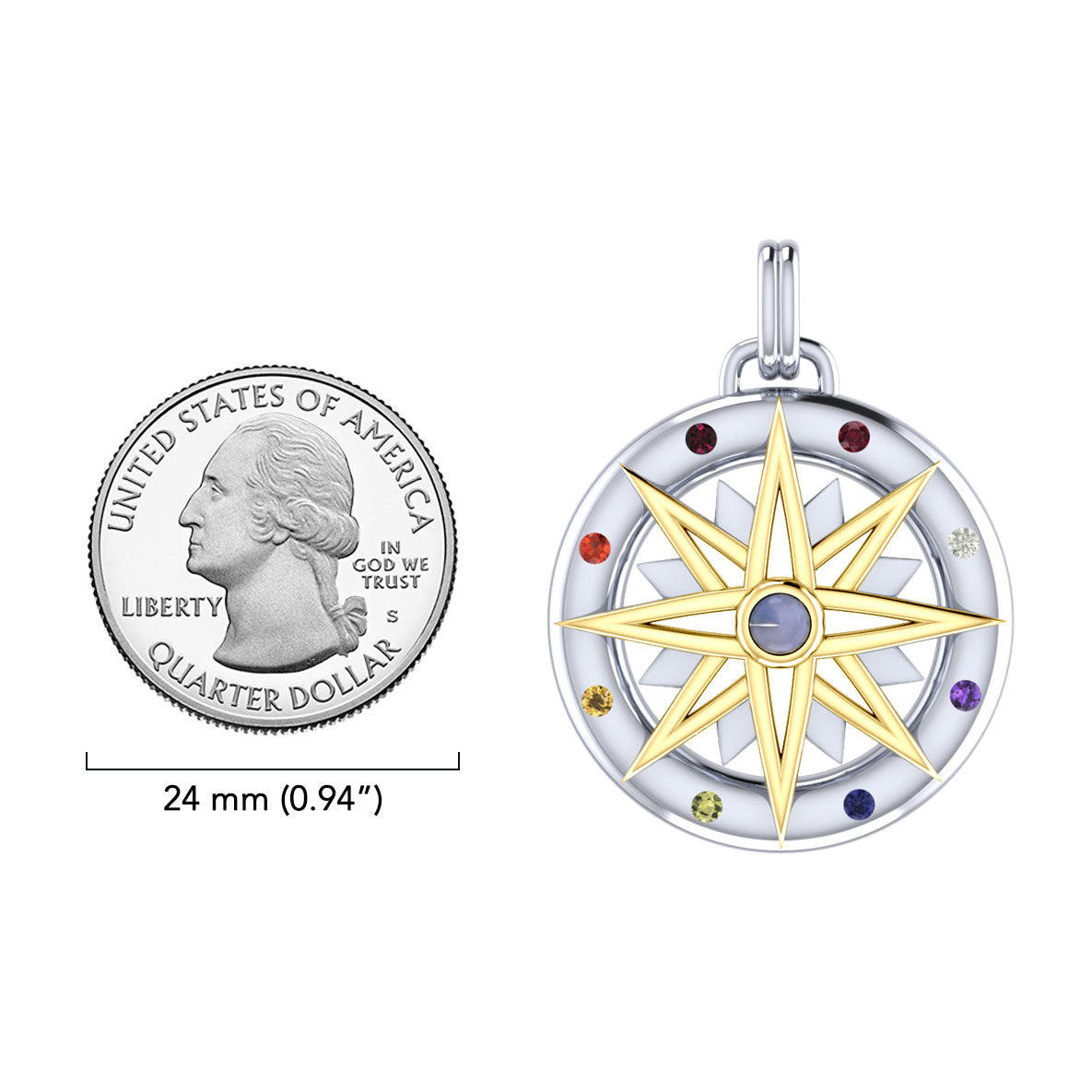 Compass Gemstone Sterling Silver and Gold Pendant