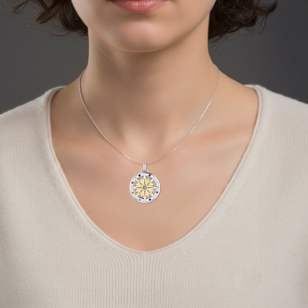 Compass Gemstone Sterling Silver and Gold Pendant