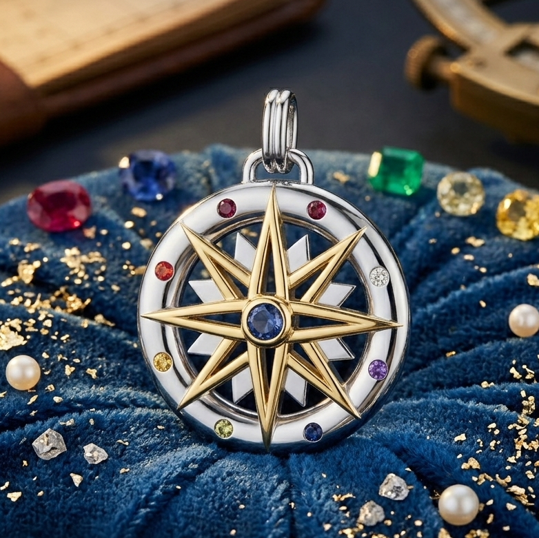 Compass Gemstone Sterling Silver and Gold Pendant