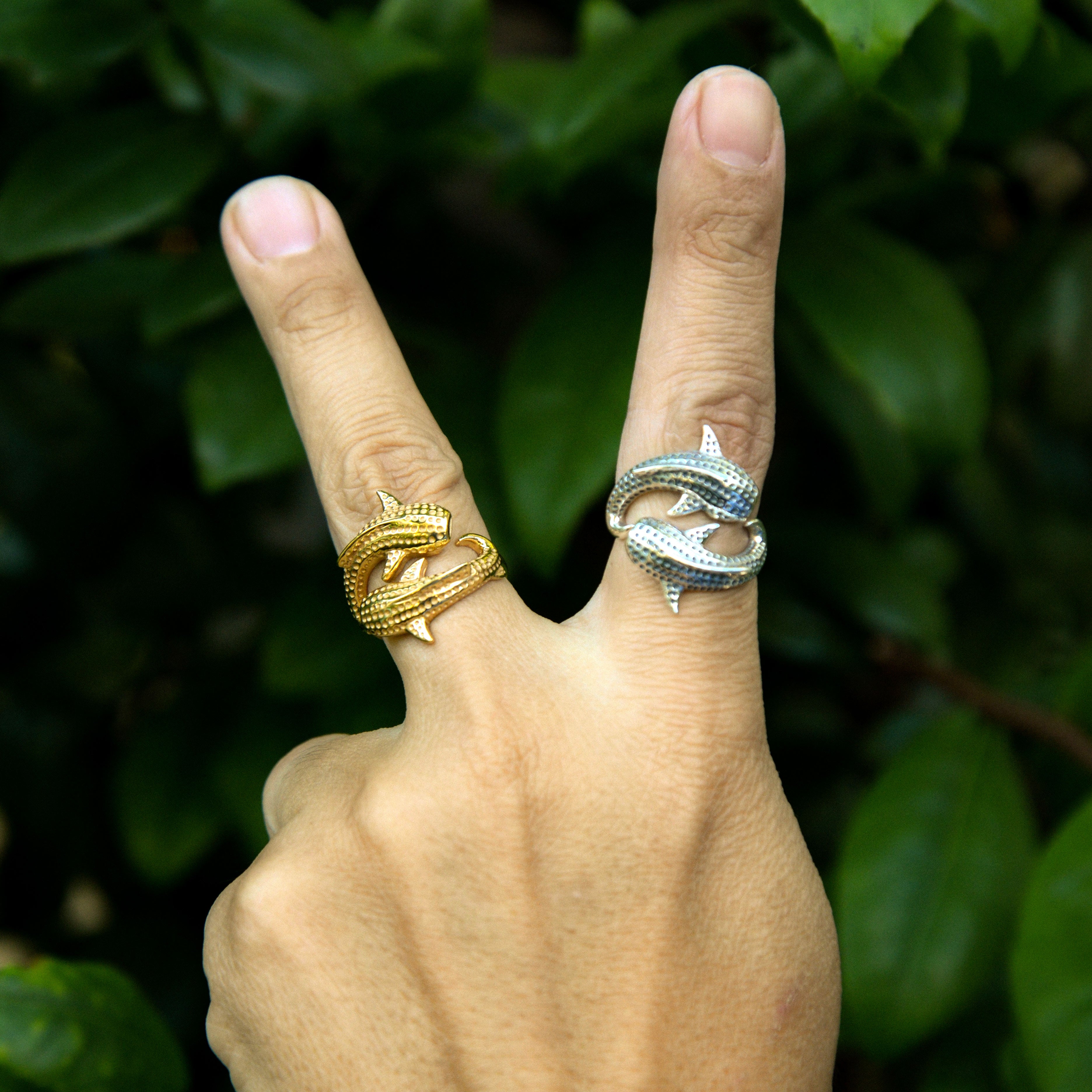 Double Whale Shark Sterling Silver with Gold Vermeil Plate Ring by DiveSilver Jewelry VRI1836