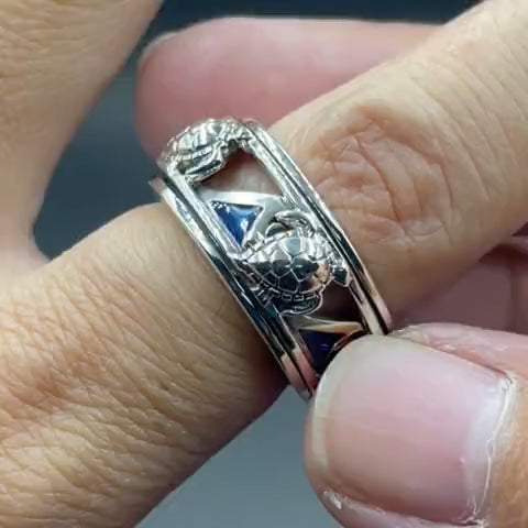 Sea Turtle and Blue Enamel Wave Sterling Silver Spinner Ring TRI2447