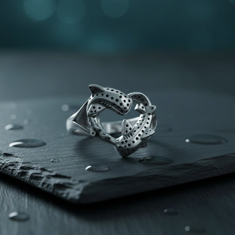 Double Whale Shark in Heart Shape Sterling Silver Ring TRI2534