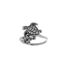 Turtle and Flower Sterling Silver Ring TRI2619