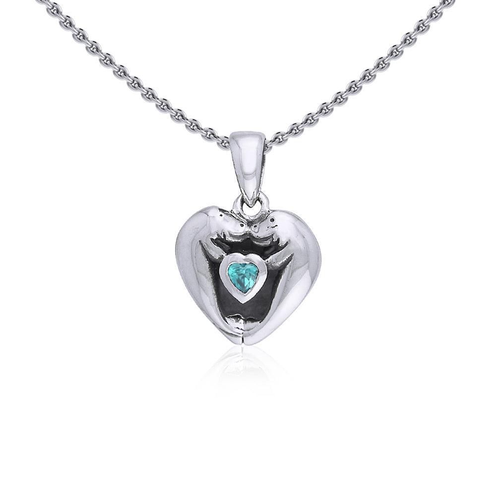 Manatees Silver Pendant with Heart Gemstone and Chain Set TSE735 - DiveSilver Jewelry