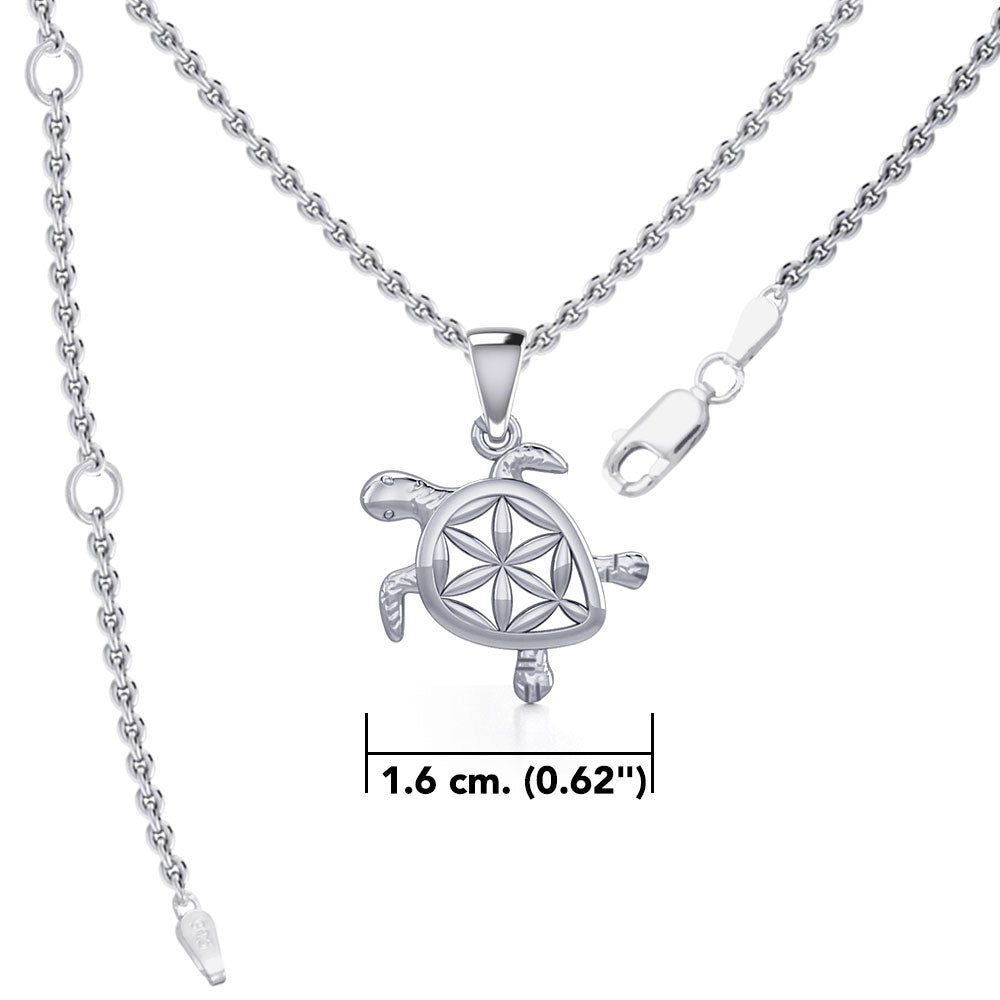 Swimming Turtle with Flower of Life Shell Sterling Silver Pendant and Chain Set TSE973