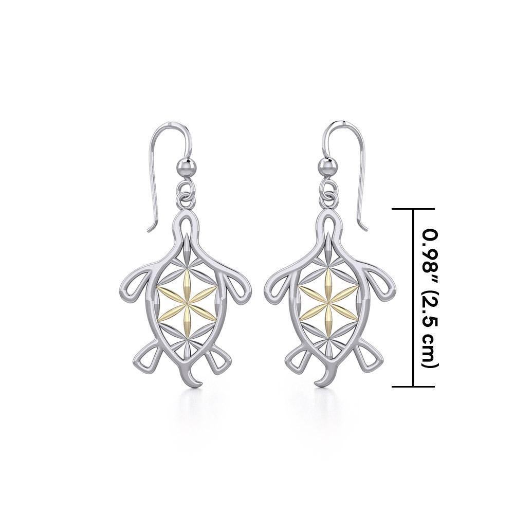 Turtle with Flower of Life Shell Silver and Gold Earrings MER1784 - Earrings