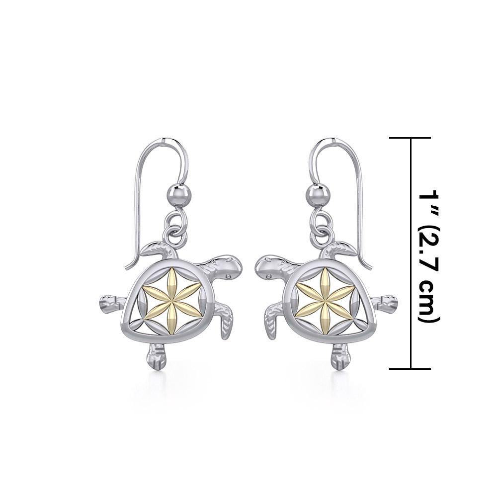 Swimming Turtle with Flower of Life Shell Silver and Gold Earrings MER1786 - Earrings