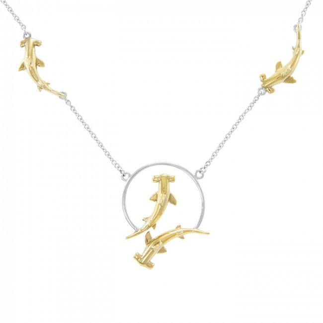 Quadruple Hammerhead Shark Sterling Silver and Gold Necklace MNC296 - Necklaces