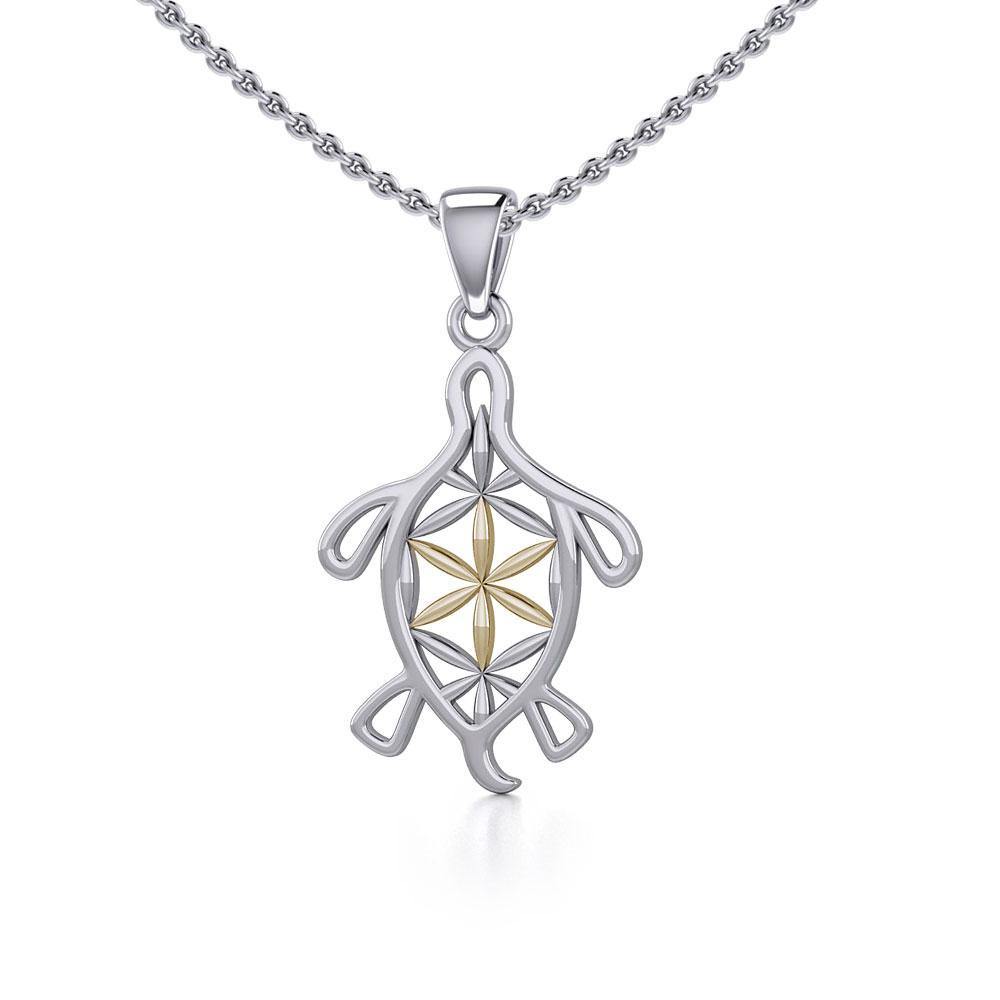 Turtle with Flower of Life Shell Silver and Gold Pendant MPD5271 - Pendant