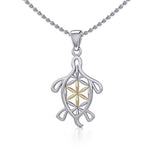 Turtle with Flower of Life Shell Silver and Gold Pendant MPD5271 - Pendant