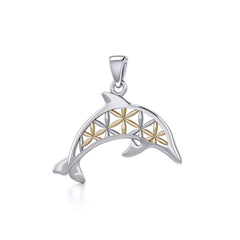 Swimming Dolphin with Flower of Life Silver and Gold Pendant MPD5272 - Pendant