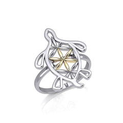 Turtle with Flower of Life Shell Silver and Gold Ring MRI1894 - Ring