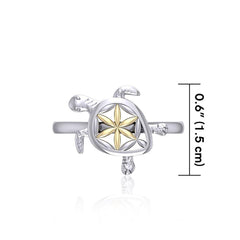 Swimming Turtle with Flower of Life Shell Silver and Gold Ring MRI1895 - Ring