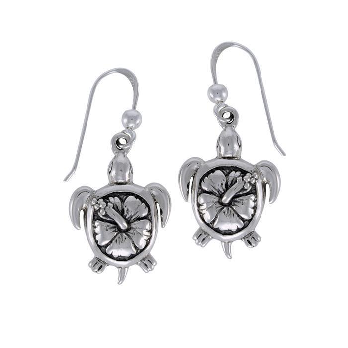 Hibiscus on Sea Turtle's Carapace Sterling Silver Hook Earring TER1325 - Earrings