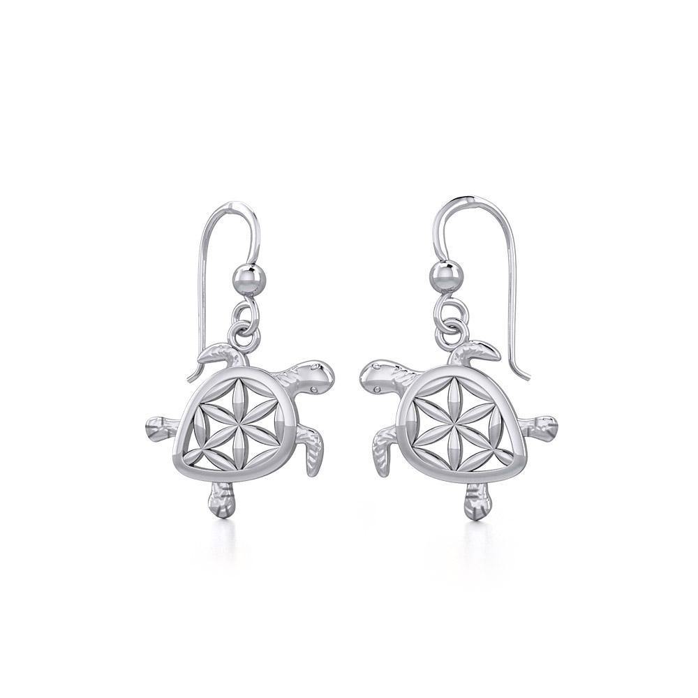 Swimming Turtle with Flower of Life Shell Silver and Gold Earrings TER1786 - Earrings