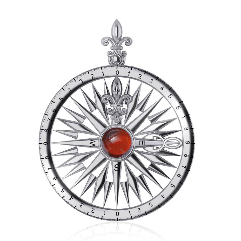 Compass Rose Silver Pendant With Gemstone Genuine Garnet