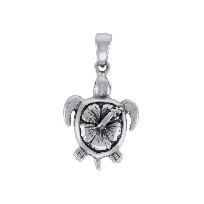 Hibiscus on Sea Turtle's Carapace Sterling Silver Pendant TPD3801 - Pendants