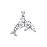 Swimming Dolphin with Flower of Life Silver Pendant TPD5272 - Pendant