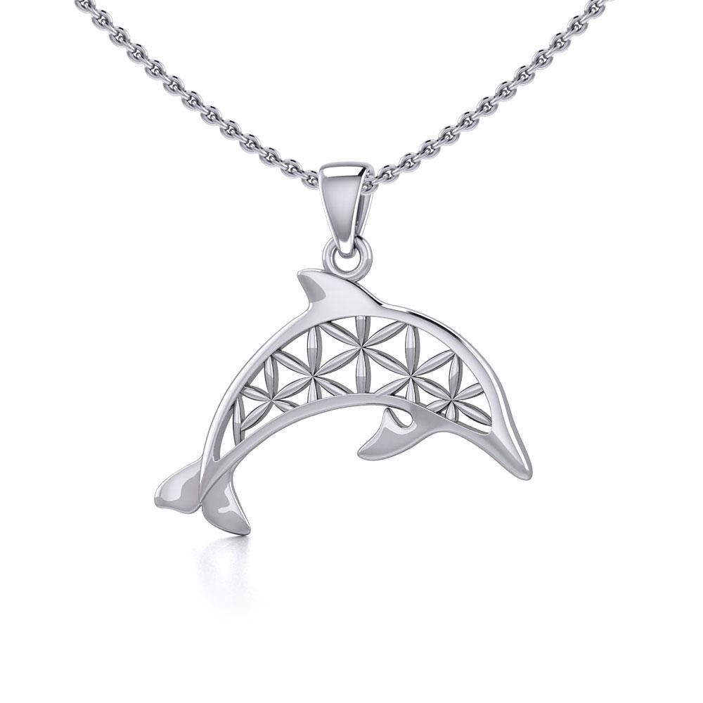 Swimming Dolphin with Flower of Life Silver Pendant TPD5272 - Pendant