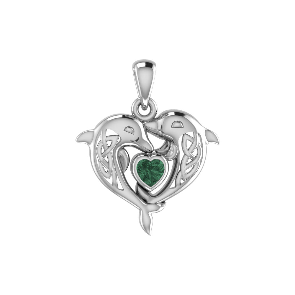 Celtic Double Dolphin With Heart Gemstone Pendant TPD6046