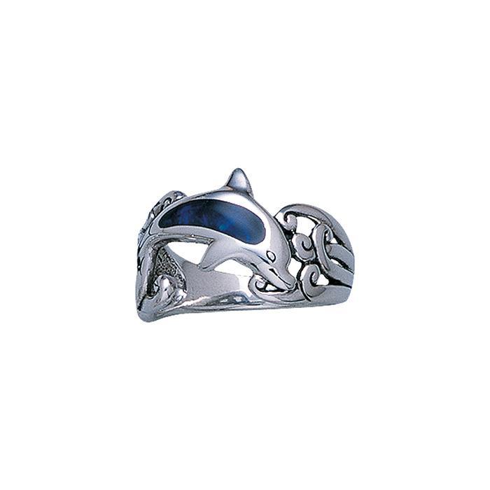 Inlaid Dolphin & Wave Waves Sterling Silver Ring TR1847 - Rings