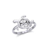 Swimming Turtle with Flower of Life Shell Silver Ring TRI1895 - Ring